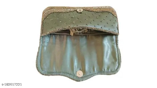 Steel grey beaded clutch with metal zipper