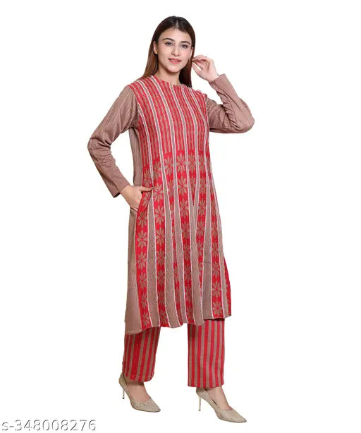Striped wool HRD7 ethnic set: Kurta & Sharara with three-quarter sleeves, single size L (Bust: 36in, Kurta: 42in, Bottom Waist: 20in, Bottom Length: 32in) or XL (Bust: 37in, Kurta: 43in, Bottom Waist: 22in, Bottom Length: 32in), handcrafted in India