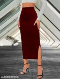 Mid-length high-waisted pencil skirt, elastic waistband, side slit, sleeveless blouse underneath