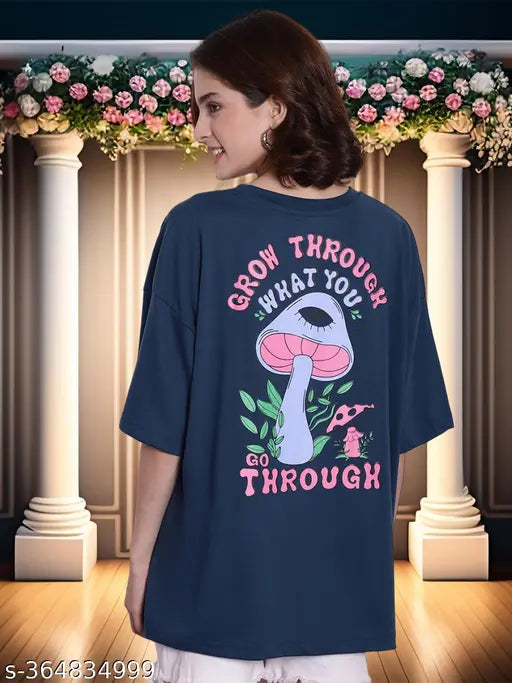 Little zing cotton oversized casual baggy loose front and back printed t-shirt for women