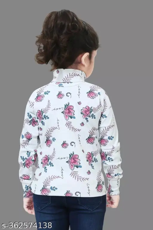 Acrylic kids' pink rose print high neck sweater, self-design pattern, sizes range from 2-3 to 9-10 years (India origin)