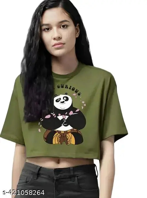 Kamedge KungFu Panda cotton blend crop top, printed design in vibrant colors, short sleeves for girls or women
