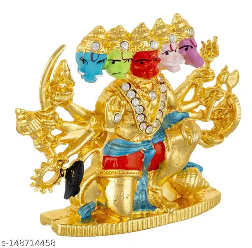Brass oval Panchmukhi Hanuman idol, approx 6cm and 120g. Hindu deity figurine in box