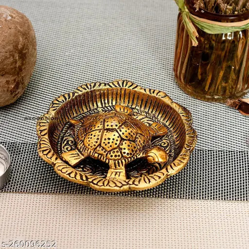 Golden metal tortoise plate showpiece for Feng Shui, 45cm x 13cm, brings luck, love, happiness, and prosperity