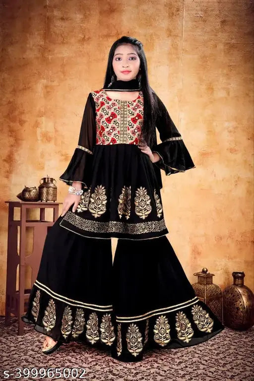 Black velvet 12011 BLAK girl's palazzo suit with gold embroidery and bell sleeves.