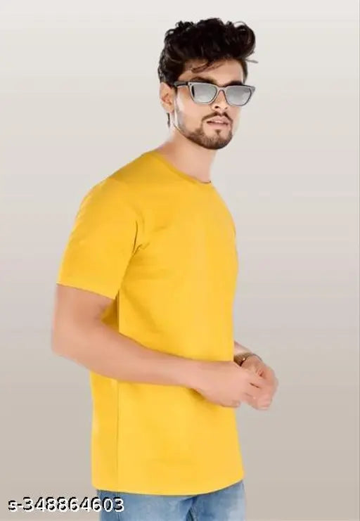 Men's regular cotton round neck fit short sleeves yellow t-shirt, solid pattern and single size N
