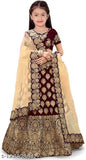 Kids taffeta silk embroidered lehenga choli with net dupatta, short sleeves, 0-15 years sizes, handcrafted Indian traditional attire