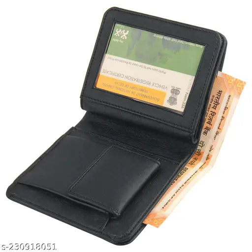 Tan faux leather bifold compact men's wallet with ID window and coin pocket