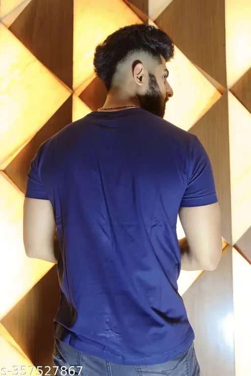 Blue cotton-blend men's T-shirt with HD premium design, short sleeves, oversized fit, and India origin