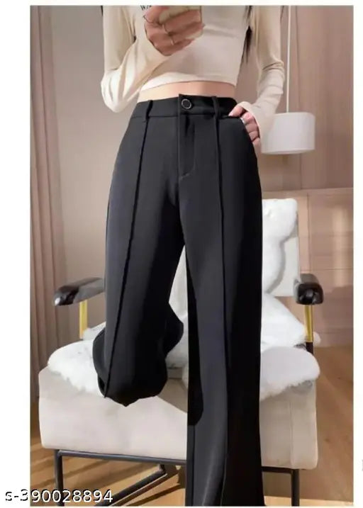 Black straight-cut pants with elastic waistband for women and girls