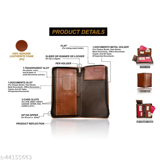 Attractive Men PU wallet, free size genuine leatherite accessory with metal cheque book holder and 3 card slots