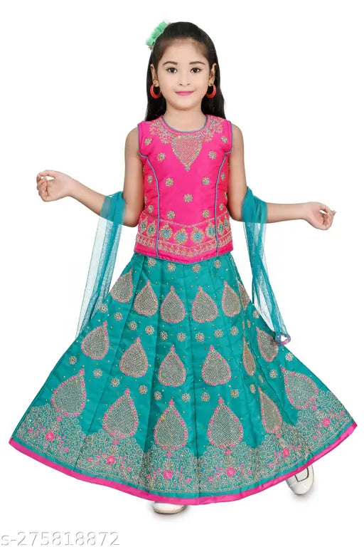 Sleeveless kids girls Lehenga Cholis, embroidered polyester in super net, perfect for festivals & special occasions. Indian origin