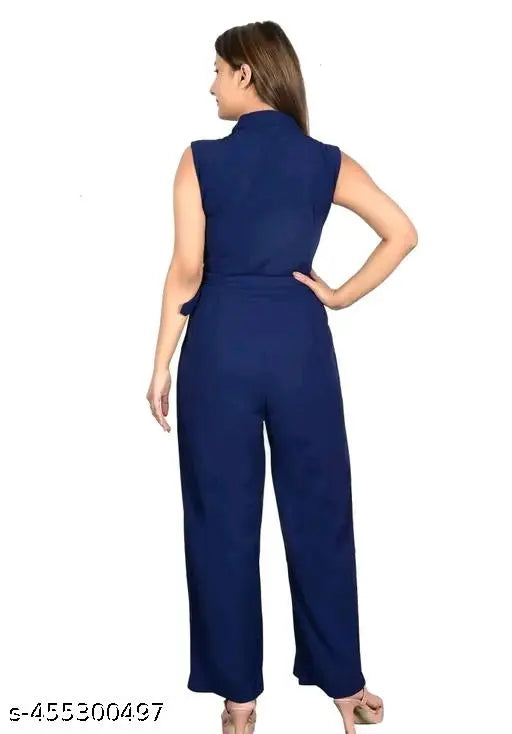 women's rayon designer jumpsuit - sleeveless solid-color piece, XS to XL sizes available on display rack, made in India