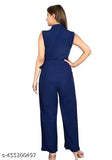 women's rayon designer jumpsuit - sleeveless solid-color piece, XS to XL sizes available on display rack, made in India