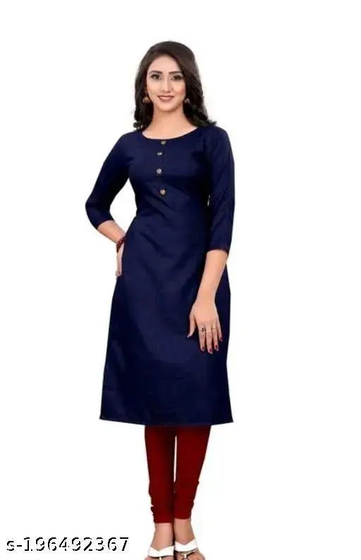 Navy Blue Rayon Boat Neck Kurta with Three-Quarter Sleeves, self-design pattern