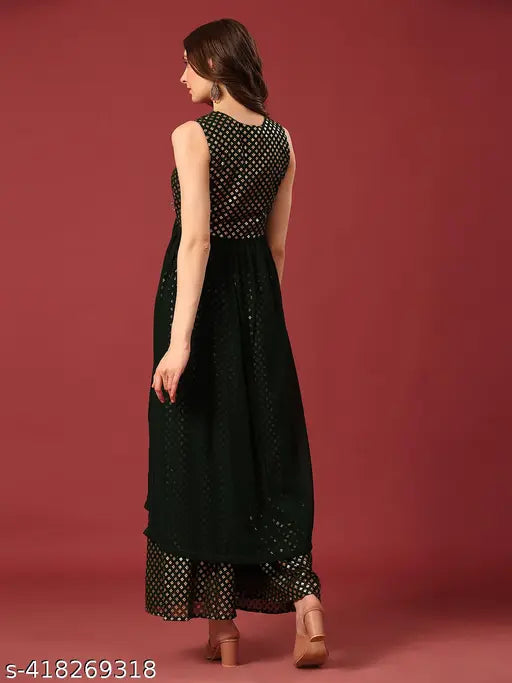 Georgette kurta palazzo set, long flowy skirt, embellished neckline, black background, full-length formal wear for women