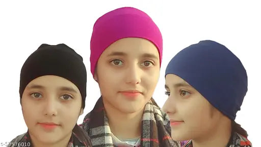 Unisex viscose hijab under cap with three underscarves in black, purple, and blue