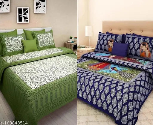 Green cotton Jaipuri printed bedsheet set with 2 pillow covers, 6 pieces.