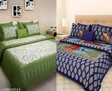 Green cotton Jaipuri printed bedsheet set with 2 pillow covers, 6 pieces.