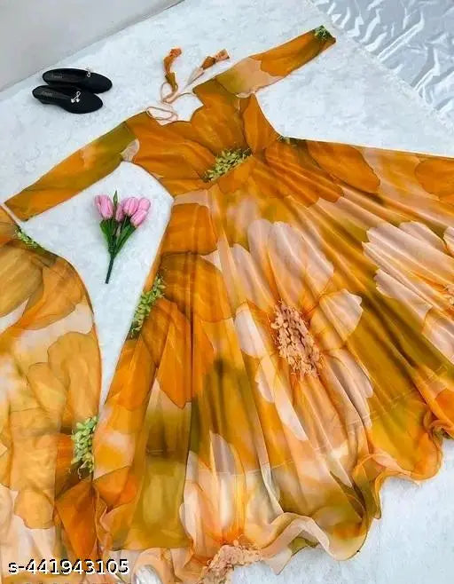Orange Georgette full sleeve maxi gown with flared design and flower print, suitable for traditional marriage wear