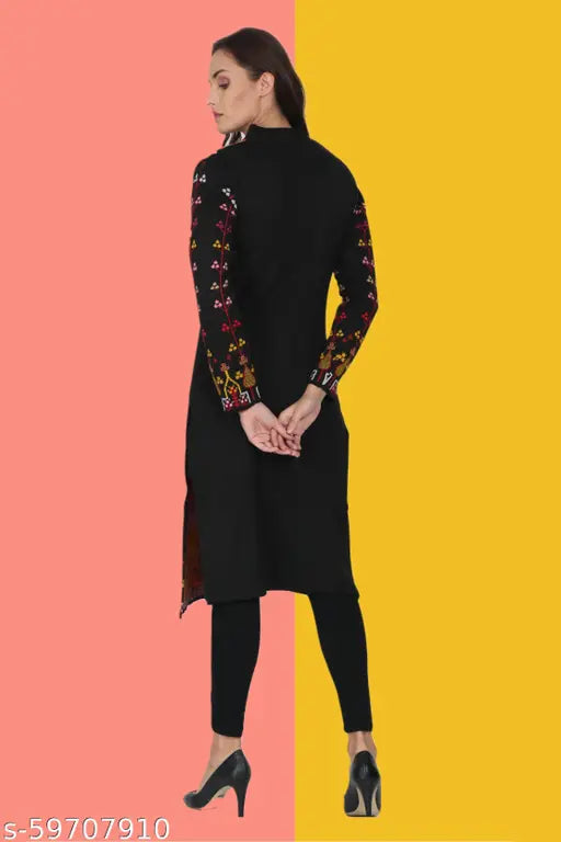 Stylish black kurta with straight silhouette and solid design, featuring an elegant line print for women in the winter season