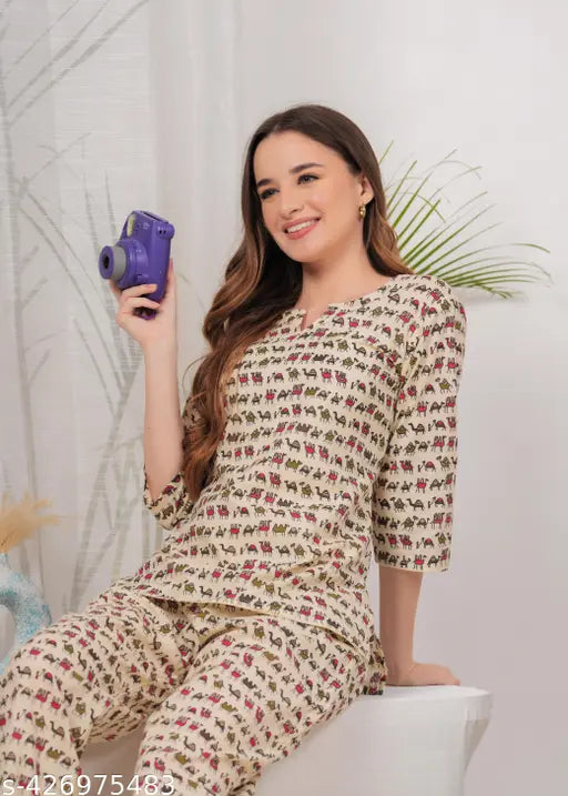 Cotton printed women's nightwear pyjama suite, three-quarter sleeves, vibrant pattern on soft cotton fabric