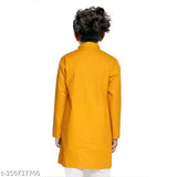 Yellow cotton blend full sleeves plain only kurta for kids, ethnic wear for 7-8 years, solid pattern, India origin