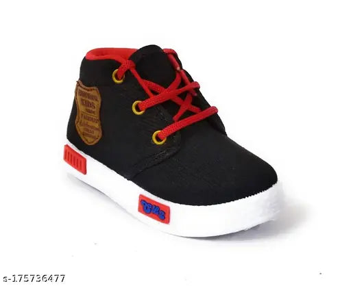 Kids sneakers, play1 black, red laces, black shoes with a white sole