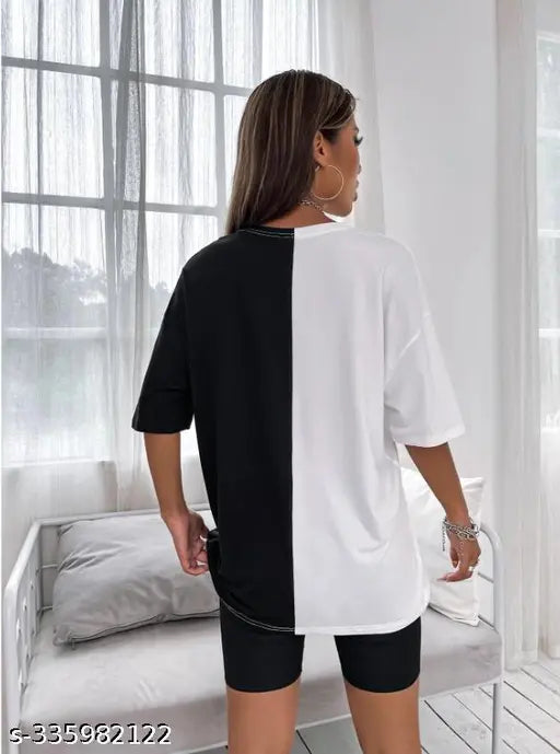 Black and white oversized longline t-shirt, round neck, trendy print, butterfly design, women's casual wear
