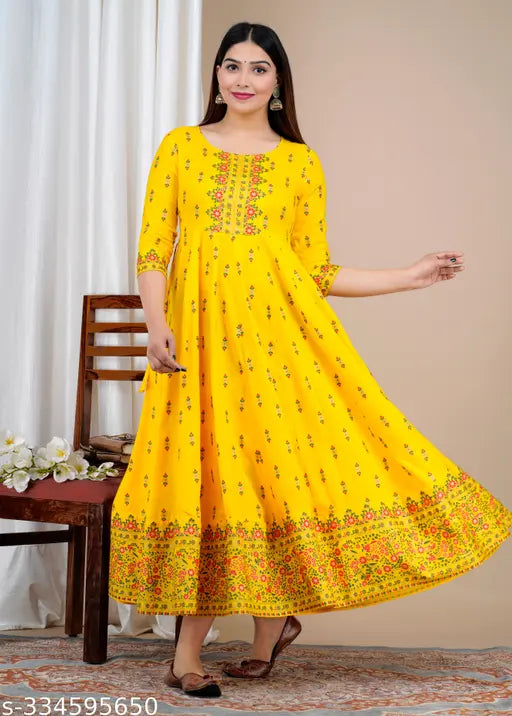 Yellow Rayon Anarkali Kurti, printed with floral motifs, traditional-modern Indian ethnic wear for women