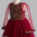 Maroon net sleeveless party dress for kids, embellished toy balloon design, size 1-2 years, India origin