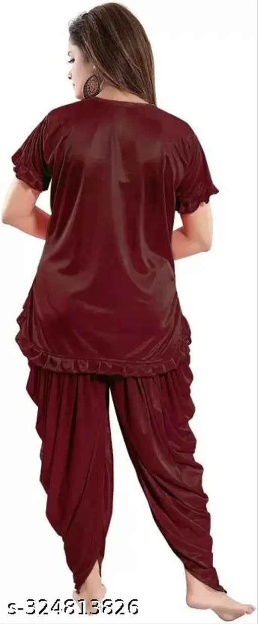 Silk satin nightdress set for women & girls, wine color, half sleeve V-neck Patiala top and pyjama, India-made