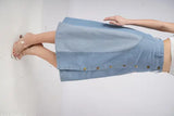 Denim A-line skirt for women, two-tone design with front button detail, calf length, size 28/waist 28in, 30/waist 30in, 32/waist 32in, 34/waist 34in, 36. Made in India