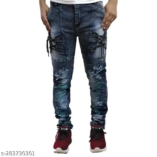 Men's cotton blend funky jeans, solid net, comfortable fit for everyday wear. Available in sizes 28, 30, and 32, made in India