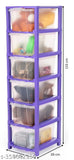 Purple storage system with multiple compartments for organizing toys, books, clothes, and shoes