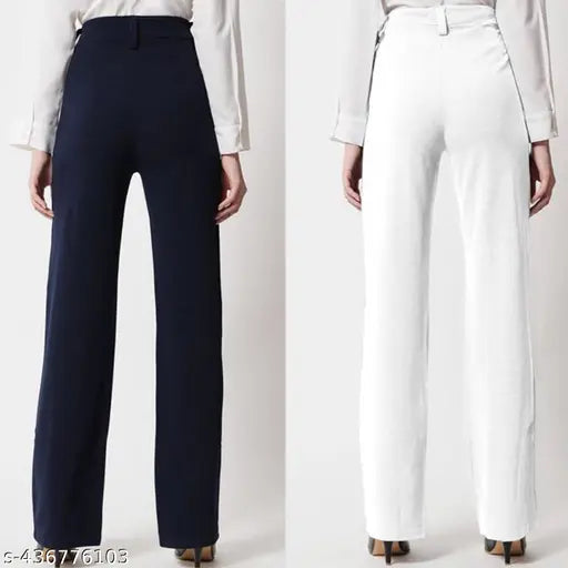 Blue high waist women's trousers with a visible front zip closure