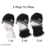 Black winter beanie cap, 3 ways to wear, with neck warmer and adjustable drawstrings