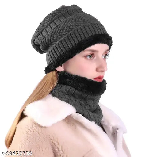 Wool knit beanie cap and scarf set, unisex