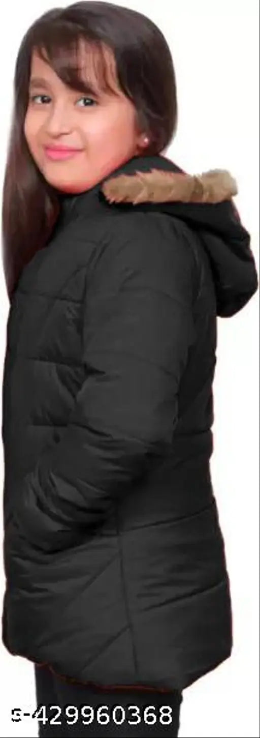 Black puffer jacket with hood, female model