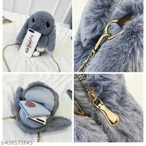 The image shows a cute cartoon rabbit-themed sling bag with a plush bunny charm. The bag is designed as a crossbody chain bag, featuring multiple pockets and compartments, suitable for girls on the go. The main color of the bag appears to be light blue, and it has a fluffy texture, similar to a bunny's fur. There are visible closures and card slots in the main pouch