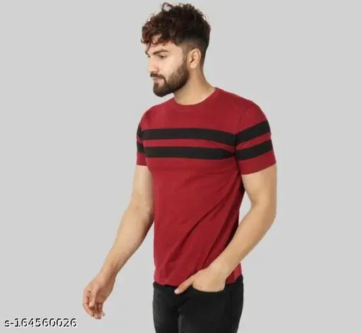 Maroon and black striped cotton blend men's t-shirt with short sleeves, size options S, M, L, XL, XXL from India