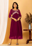 Georgette Alia Cut Embroidery Work Kurti for Women, solid-colored three-quarter sleeves, S - XXL sizes, Indian embroidered clothing