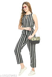 Black & White Striped crepe PREEGO Women's jumpsuit with keyhole neck and knotted detail, sleeveless print net design on stand, India-made fashion essential
