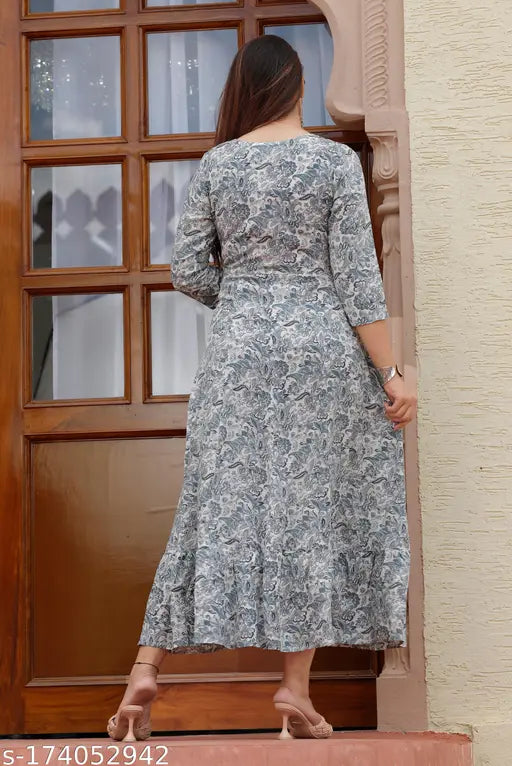 Grey rayon embroidery gown, three-quarter sleeves, versatile partywear from India