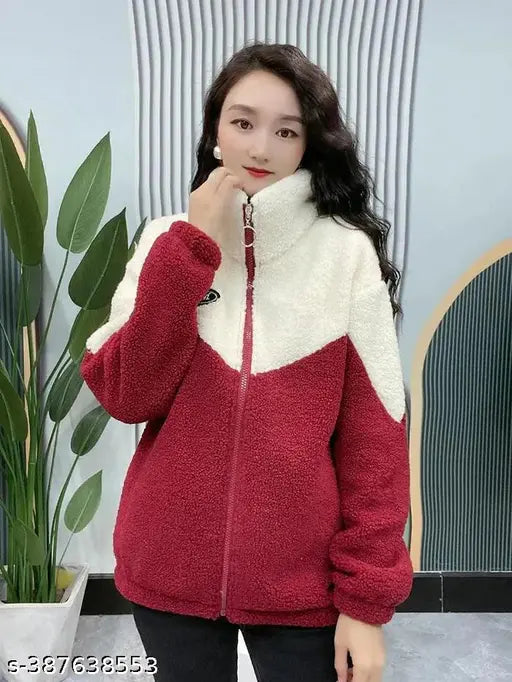 Colorblocked wool long sleeve sweater M Red Dual LC on model