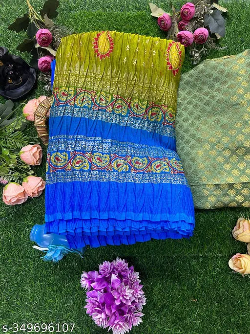 Chiffon saree with khajuri print work, trendy party wear for summer festivals and weddings. Soft and smooth texture, ideal for multiple occasions." (124 characters)