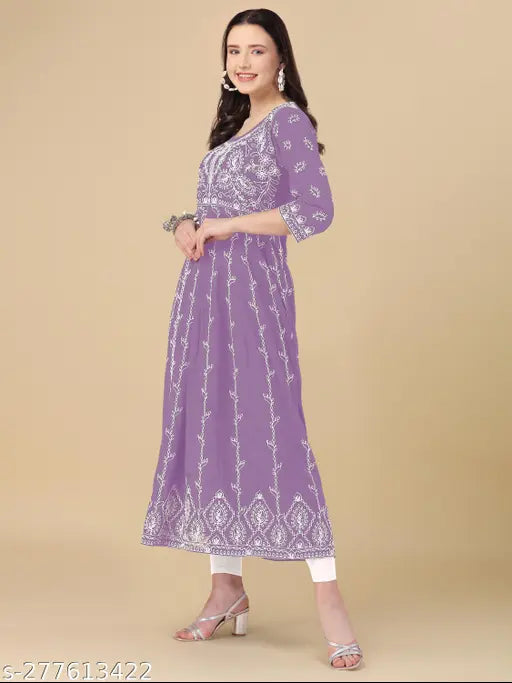 Purple kameez with long sleeves, round neckline, and flared skirt