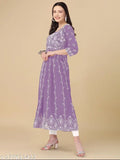Purple kameez with long sleeves, round neckline, and flared skirt