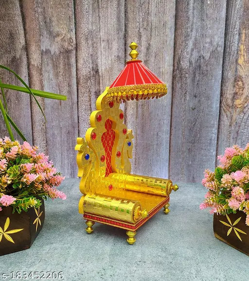 Golden wooden Singhasan (9 inches) by HINDE EXPORTS, elegant decor for Krishna, Saibaba, or home