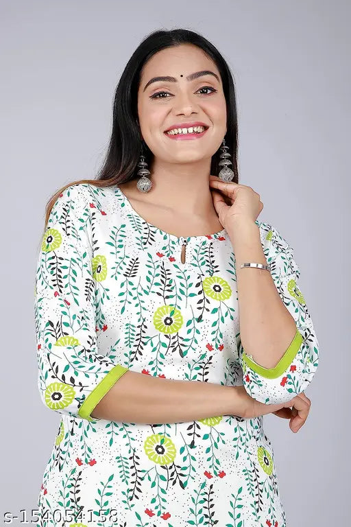 White Rayon Kurta Palazzo set for women - Printed net three-quarter sleeves set with matching bottomwear, ideal for weddings or special occasions. Made in India